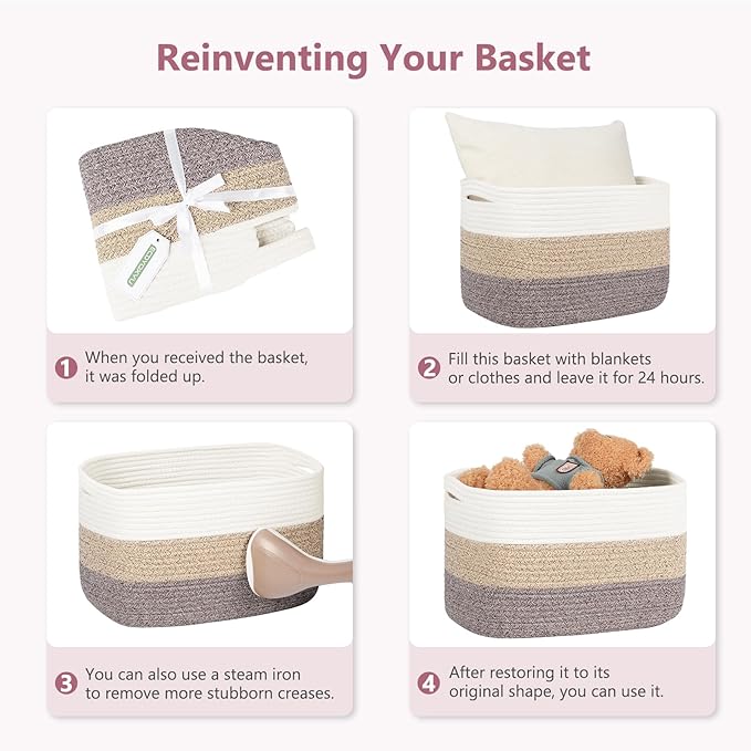 Cotton Rope Shelf Storage Basket, 15x10x9 in, Shelf Storage Baskets for Clothes, Toys, Towels, Books, Laundry (White/ Pink, 2 Pack)-NeatNest