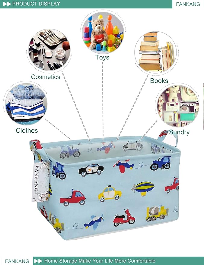 FANKANG Storage Basket,Nursery Hamper Canvas Laundry Basket Foldable with Waterproof PE Coating Storage, Office, Bedroom, Clothes,Toys (Rec-Car)