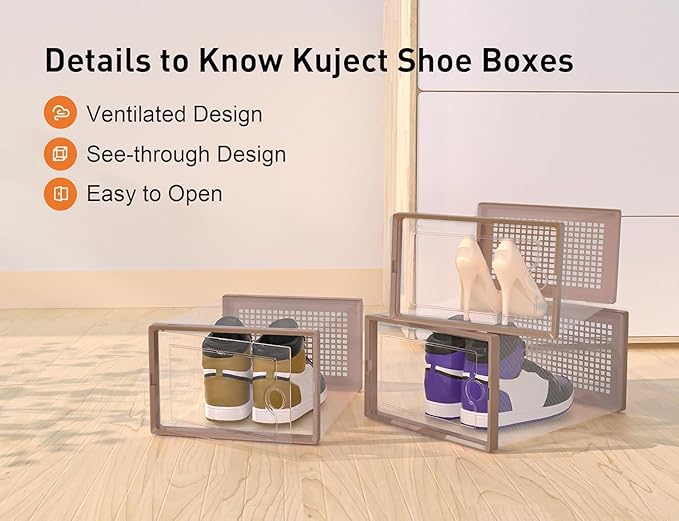 Kuject X-Large Shoe Storage Boxes Organizers for Closet 12 Pack, Fit Size 11,Clear Plastic Stackable Sneaker Containers for Entryway, Space Saving Shoe Rack,Substitute for Drawer Organize Unit, Brown-NeatNest