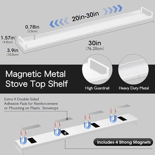 Bumusty 4X Strong Magnetic Rack for Stove Top, 30" Adjustable Oven Spice Rack, Seasoning Organizer Kitchen Shelves, Matte White-NeatNest
