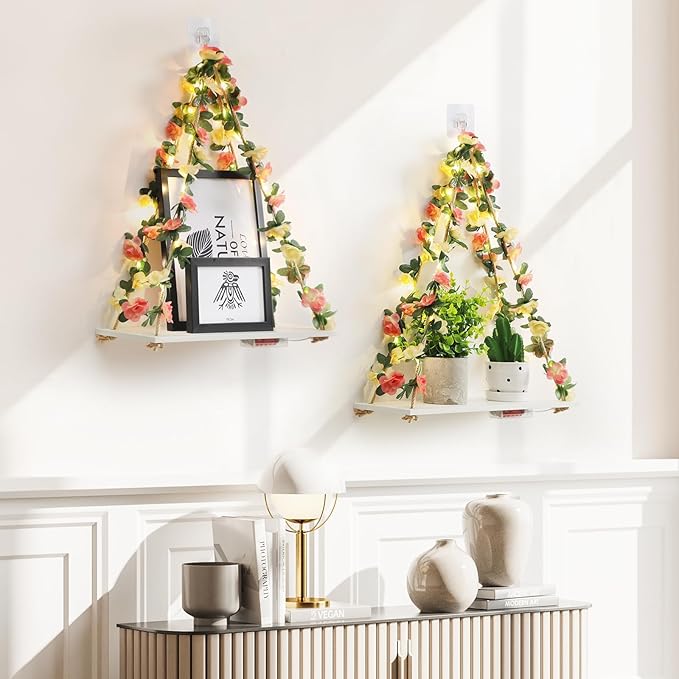 Floating Shelves for Wall No Drilling,Wall Dcorations Art,Hanging Shelf,Leaves and Light Strip with Flower,Set of 2 Plant Decor for Home House Livingroom Bedroom Officer,Boho Decor,Gifts for Woman-NeatNest
