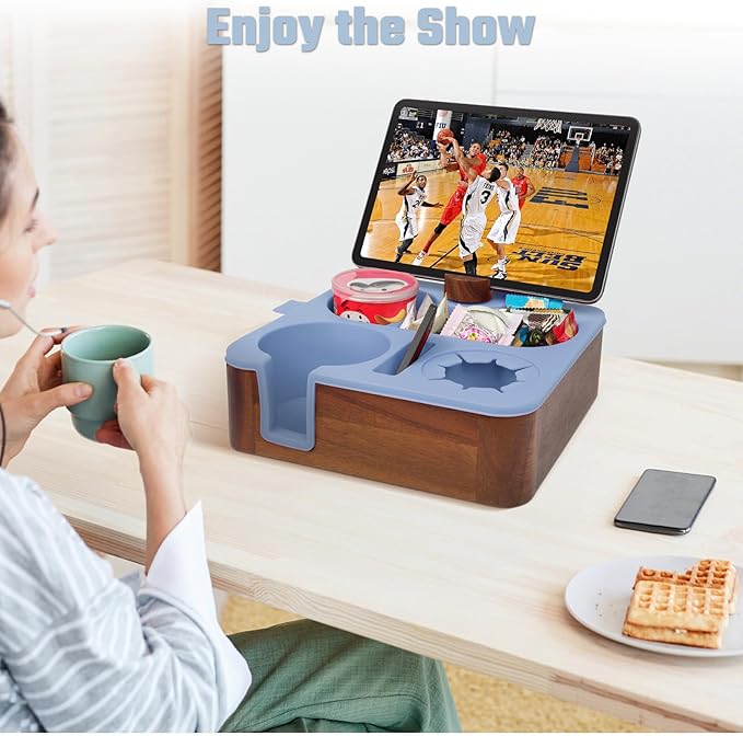 Couch Cup Holder Tray, Real Acacia Wooden Caddy with Soft Silicone, Snack and Drink Organizer- Perfect Movie Night Accessories for Bed, Remote and Cup Holders for Sofa (Blue)-NeatNest