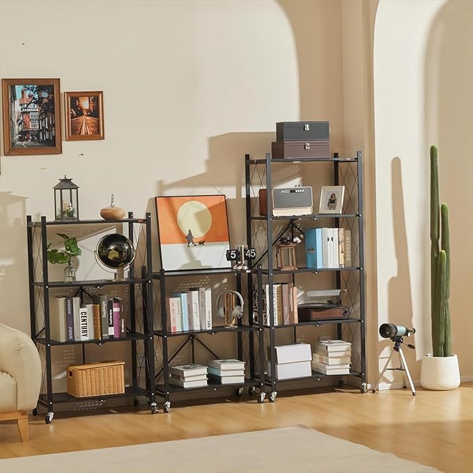 DEANIC 3 Tier Foldable Storage Shelves with Wheels, Kitchen Appliance Stand, Freestanding Metal Wire Shelf Rack, No Assembly Organizer Rolling Cart for Garage, Basement, Pantry(Black)