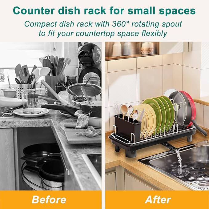junyuan Compact Dish Drying Rack,Small Dish Rack for Kitchen Counter, Dish Drainer with 360° Rotatable Spout,Plate Rack, Dish Strainer with Cutlery Holder for Pots, Fork & Knives Space Saving