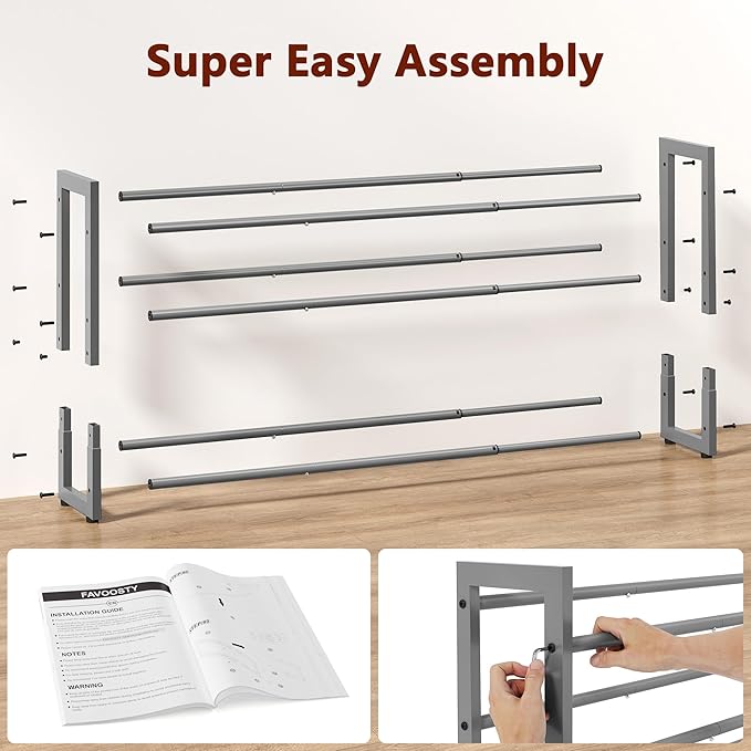 FAVOOSTY 3-Tier Expandable Shoe Rack, Adjustable Shoe Shelf Storage Organizer Space Saving Metal Free Standing Shoe Rack for Entryway Closet Doorway, Silver Grey-NeatNest