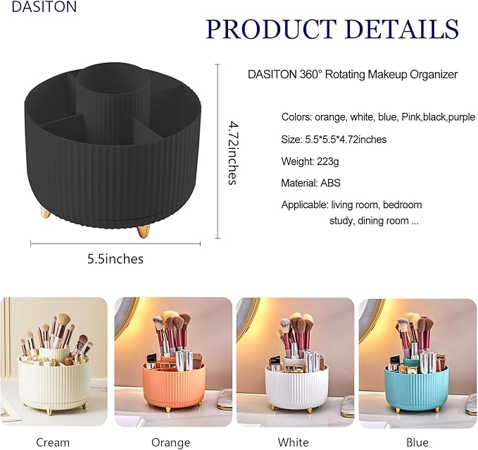 DASITON Large Capacity Makeup Brush Holder,360° Rotating Makeup Organizer,5 Slot Makeup Brushes Cup,for Vanity Decor,Bathroom Countertops,Desk Storage Container,Cosmetic Display cases(Black)-NeatNest