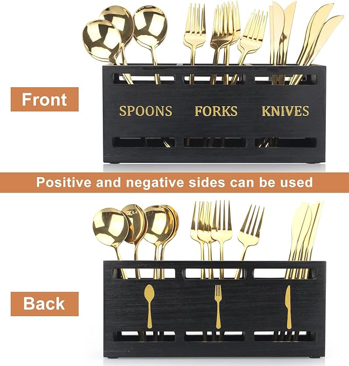 Ayiaren Wooden Cutlery Silverware Holder Flatware Utensil Caddy Black Utensil Holder for Kitchen Counter Wood Silverware Caddy Organizer for Table Countertop Spoon Knife and Fork Holder for Parties-NeatNest