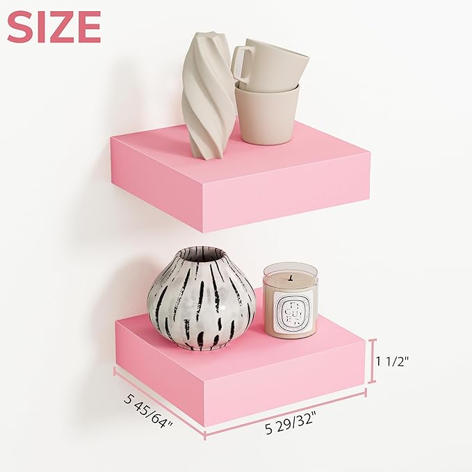 BAMEOS Pink Floating Shelves for Wall, 6" x 6" Wall Shelves for Room, Floating Book Shelves, Hanging Shelves for Bedroom, Bedroom, Living Room, Kitchen (Set of 2)-NeatNest