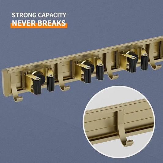 Broom Holder Wall Mount Mop and Broom Hanger Wall Mounted Garage Storage Rack Kitchen Garden Tool Organizer (4 Racks with 5 Hooks, Bronze)-NeatNest