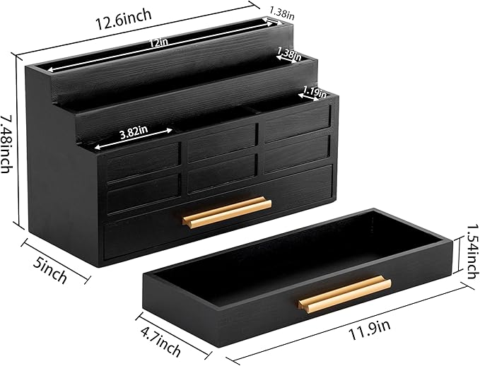 Black Wood Desk Organizer and Accessories with Drawer, Bill Mail Organizer and File Mail Holder for Office Supplies, Rustic Desk Accessories & Workspace Organizers for Desk Organization-NeatNest