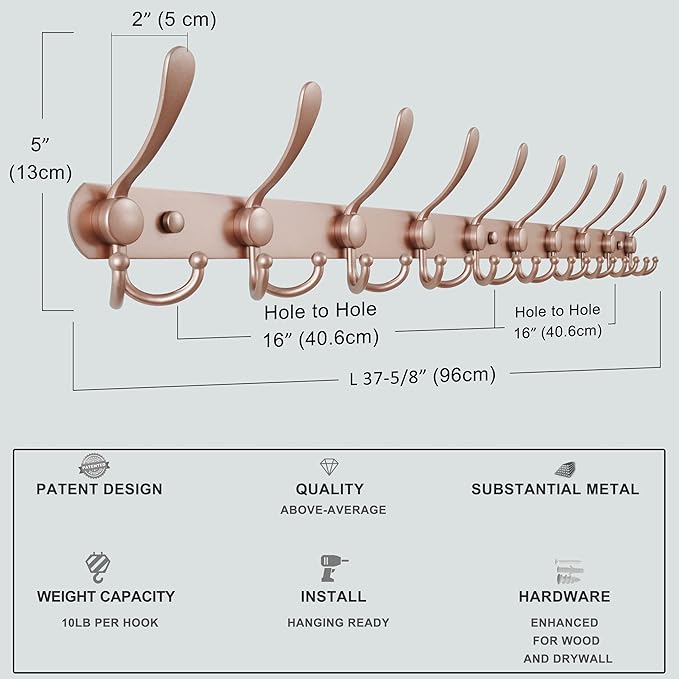 Dseap Coat Rack Wall Mount - 38” Long 10-Tri-Hooks Heavy Duty Coat Hanger Rail Wall Hooks for Hanging Coats Hats Clothing Clothes Purse Mudroom Entryway, Rose Gold, Pack of 2-NeatNest