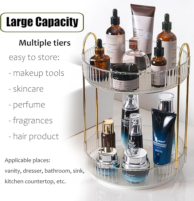 Rotating Makeup Organizer Countertop 2 Tier Lazy Susan Trays Clear Skincare Perfume Storage for Bathroom Counter Vanity, Transparent-NeatNest