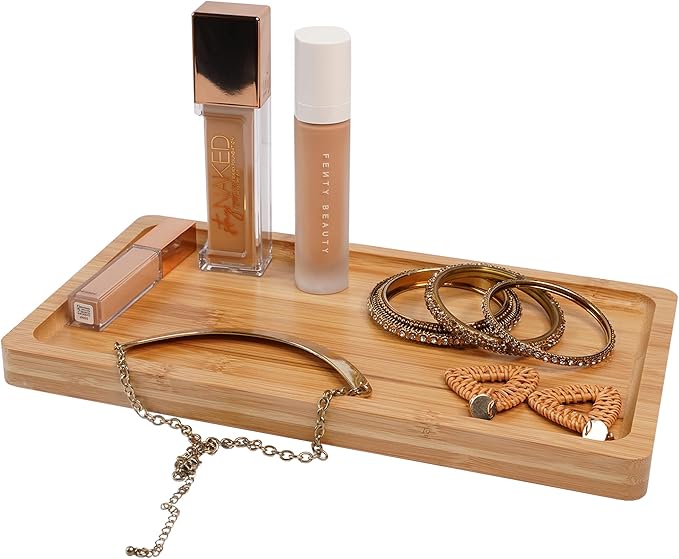 Bamboo Vanity Tray, 12 inch, Brown, Wooden, Slip Resistant, Perfume, Makeup, Jewelry Organizer, Decorative Toilet Tank Tray-NeatNest