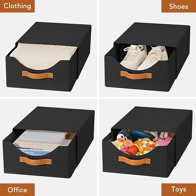 4 Pcs Closet Drawers and Large Size Clothes Storage Bins Push-Out Storage Stackable Shelf Drawers with See-Through Window Closet Organizers for Bedroom, Living Room, Under Bed, Black-NeatNest