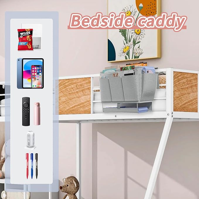 Bedside Caddy, Bed Organizer with 11 Pockets and Power Strip Holder,Versatile Bedside Storage Caddy for Home,Dorm,Bunk,Hospital,Crib Bed (Grey)-NeatNest