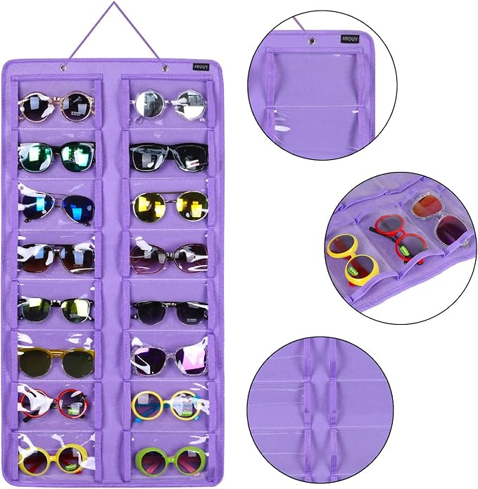 AROUY Sunglasses Organizer Storage, Hanging Dust Proof Wall Pocket Glasses Organizer - 16 Felt Slots Sunglass Organizer Holder with Metal Hook and Sturdy Rope (Dust Proof, Purple)-NeatNest