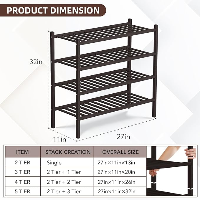 4 Tier Bamboo Shoe Rack Storage Organizer for Closet, Multifunctional Stackable Free Standing Shoe Shelf Organizer for Small Space,Entryway, Hallway, Bathroom27 x11 x26 (Brown, 4 Tier)-NeatNest
