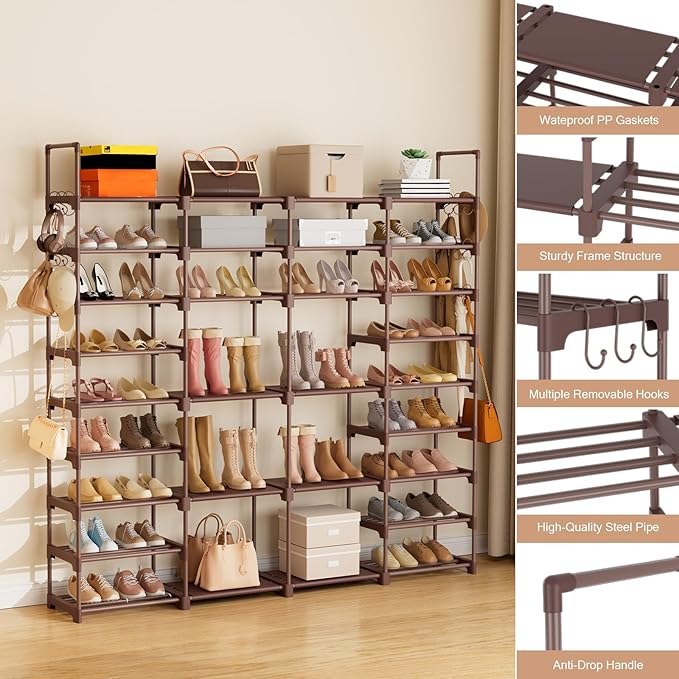 ROJASOP Large Shoe Rack Organizer for Entryway Closet 64-68 Pairs 9-Tier Heavy Duty Tall Garage Shoe Rack Shoe Shelf Shoes Storage with 18 Pcs Removable Side Hooks for Bedroom and Garage Brown-NeatNest