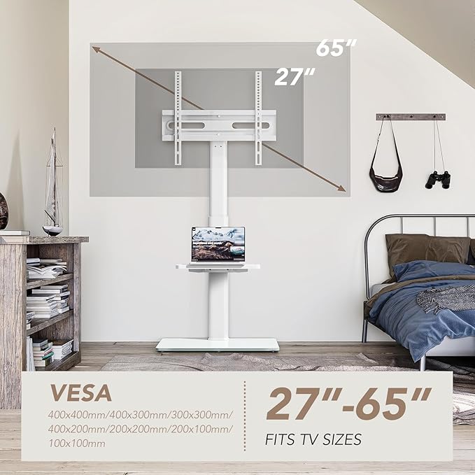 AX WABER Universal Floor TV Stand with Mount 70 Degree Swivel 9 Level Height Adjustable and Space Saving Design for Most 27 to 65 inch LCD, LED OLED TVs White