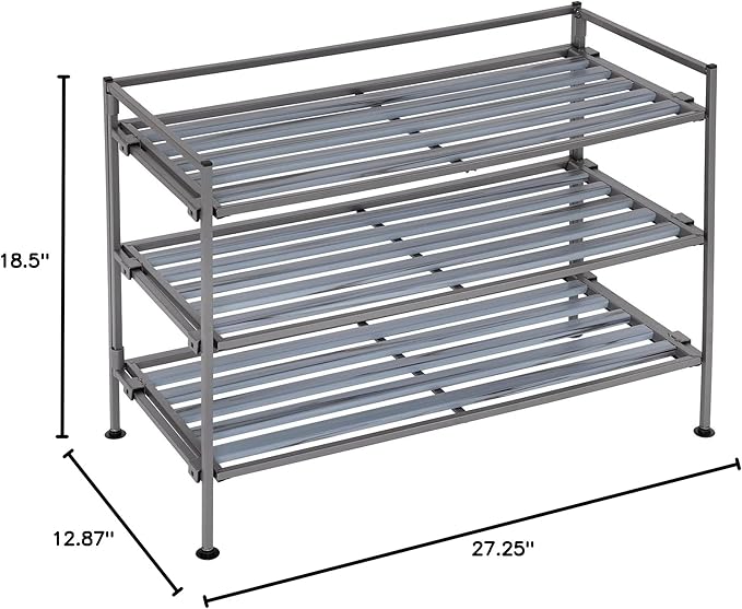 Seville Classics Sturdy Freestanding Storage Shelf for Bedroom, Closet, Entryway, Dorm Room Organizer Stackable Durable Metal Shoe Rack Silver Mist Slat, 3-Tier-NeatNest