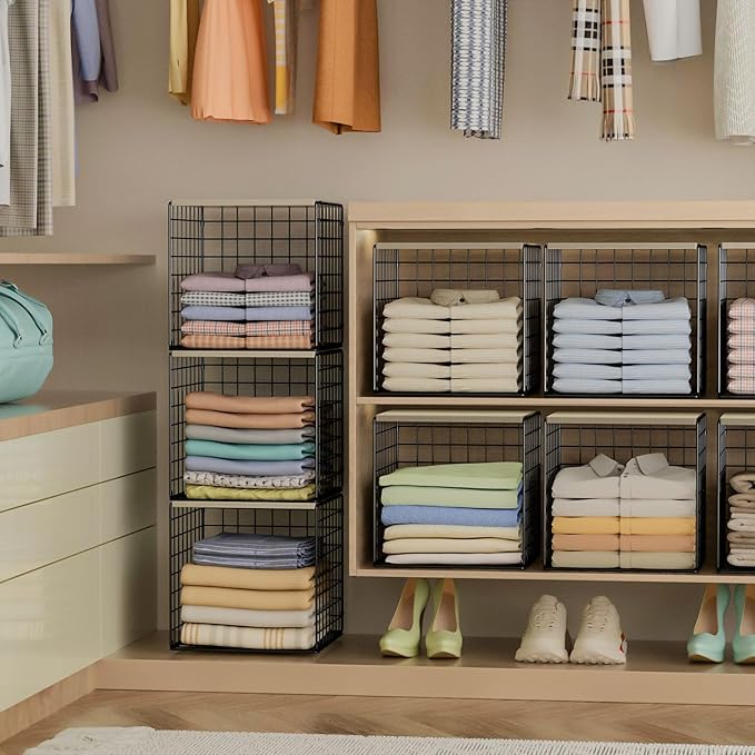 3PCS Stackable Closet Organizers and Storage, Shelves with Wood Top Extra Storage, Clothes Organizer Basket, Bin, or Tube for Wardrobe and Home Organization (Black-Sturdy Metal) Patent Pending-NeatNest