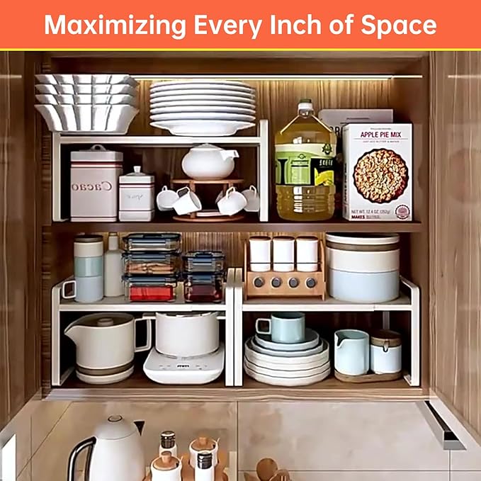 Adjustable Kitchen Shelf Organizer 9", (2 Pack) Heavy-Duty Cabinet Shelves for Countertop, Pantry & Microwave, Expandable Space-Saving Storage Rack with Non-Slip Pads, White-NeatNest