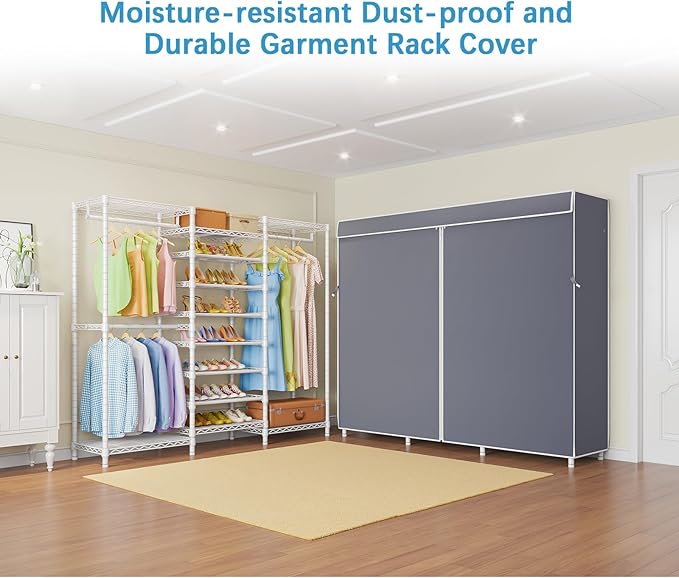 VIPEK S3C Heavy Duty Portable Closet, Adjustable Shoe Rack Wire Shelf, Large Wardrobe Organizer for Bedroom Storage, Freestanding Clothes Rack with Hanging Rod, Custom White Rack with Grey Cover-NeatNest