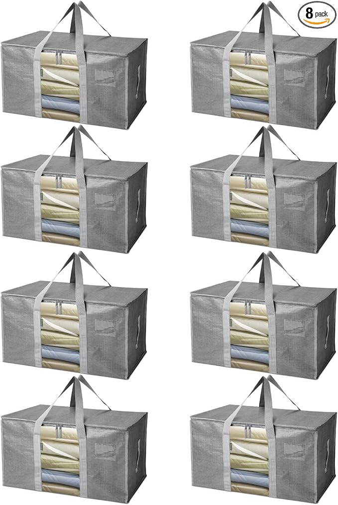 BALEINE 8-Pack Oversized Moving Bags with Reinforced Handles, Heavy-Duty Storage Tote for Clothes, Moving Supplies (Grey with Window, 8 Pack)-NeatNest