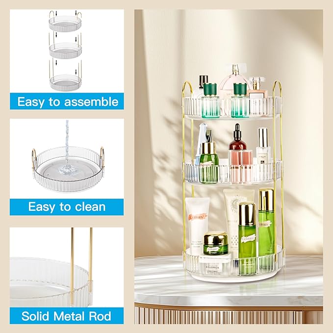 360 Rotating Makeup Organizer for Vanity, Large Capacity Spinning Perfume Organizer, Bathroom Organizer, Cosmetic Skincare Holder Organizer for Countertop (Pearl White, 3 Tier)-NeatNest