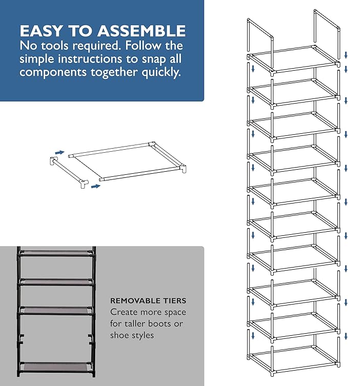 Sundaze Shoe Rack - 10 Tier Tall Shoe Rack for Closet, Sturdy Stackable Shoe Organizer for Closet, Bedroom, Entryway, Garage, Non Woven Fabric Shelf, Black, Holds 20-30 Pairs-NeatNest