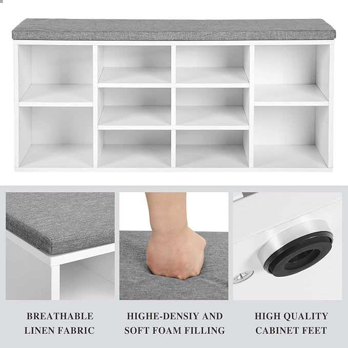 Shoe Storage Bench, Entryway Bench with Storage, 3-Tier Shoe Rack Bench 10 Cubbies Adjustable Shelves Shoe Organizer Shelf for Hallway Front Door Living Room Bedroom