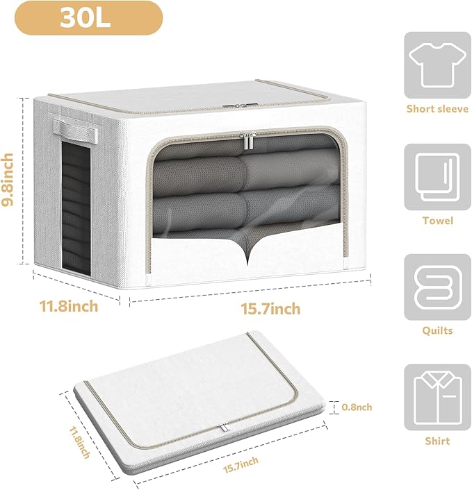 6 Pack Clothes Storage Bins with Metal Frame Clothing Storage Bins with Lid Linen Fabric Storage Box With Clear Window& Zippers& Durable Handles (Medium-30L, Count, 6)-NeatNest