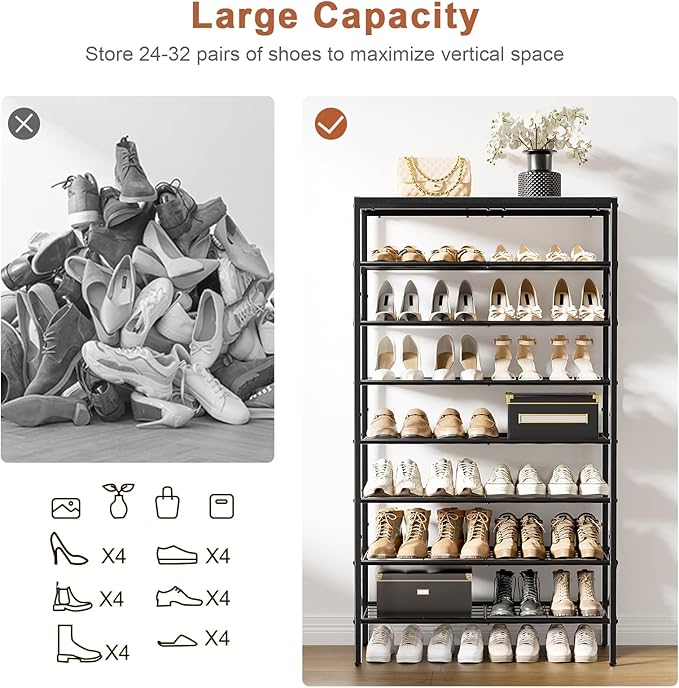 8-Tier Tall Shoe Rack Organizer Shoe Storage for Entryway 24-32 Pairs Metal Shoe Rack for Closet Heavy-Duty Shoe Rack with Wooden Top Shelf for Garage Black-NeatNest