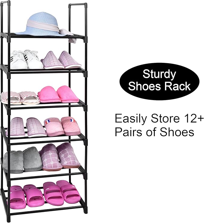 6 Tier Tall Shoe Rack for Closet Entryway, Metal Sturdy Shoe Shelf Storage Organizer, Vertical Small Space Large Capacity for 12-16 Pairs of Shoes-NeatNest