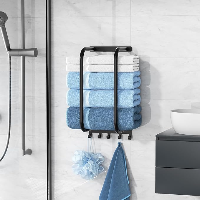 Towel Rack Bathroom Wall Holder: 15.9 Inch Wall Mounted Shower Organizer, for Rolled Towel Storage, 2 Metal Racks Plus Extra 5 Hooks, for Modern Small Space Bathroom, RV Campers (Matte Black)