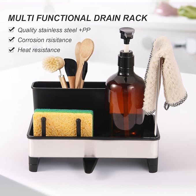 Dish Sponge Holder - Stainless Steel & PP Sink Caddy, 360° Rotatable Self-draining, Space-Saving Kitchen Sink Organizer with Removable Dish Cloth Rack (Black)-NeatNest