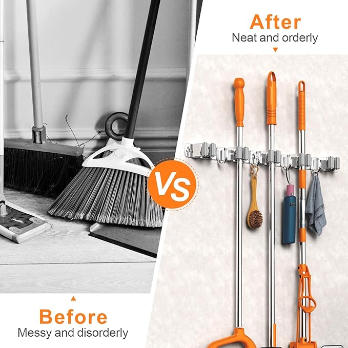 2 Pack Mop and Broom Holder Wall Mount, Non-slip Broom Hanger Wall Mount, Heavy Duty Mop Broom Organizer for Kitchen Garden Garage Laundry Room Wall Decor Organization and Storage Silver 5R4H-NeatNest