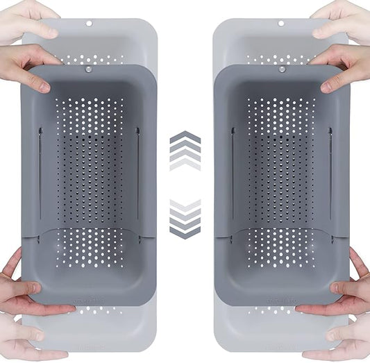 BLUE GINKGO Sink Colander Baskets - (Pack of 2) Wash Vegetables and Fruits, Drain Cooked Pasta and Dry Dishes - Extendable - New Home Kitchen Essentials (2 Grey)-NeatNest