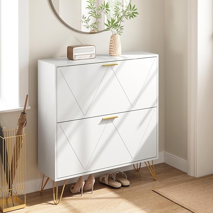 Shoe Cabinet with 2 Flip Drawers, Shoe Storage Cabinet Entryway Slim, White and Gold Narrow Shoe Cabinet w/Metal Legs, Hidden Freestanding Shoe Rack Organizer for Entryway, White-NeatNest