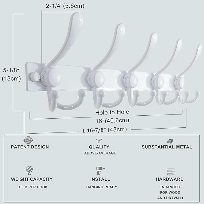 Dseap Coat Rack Wall Mount 2.0 Pro: Heavy Duty 300% Thicker, 16" Stud Mount, Stainless Steel Wall Coat Hooks Hanger for Clothes Jackets Hats Entryway Closet, MaxStrong Series, White
