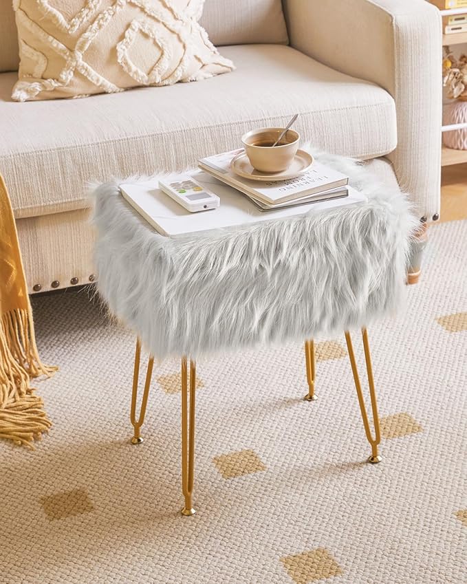 IBUYKE Rectangular Faux Fur Vanity Stool with Storage, Furry Makeup Chair Ottoman, Soft Padded Seat, Round Footrest Footstools with 4 Metal Legs, for Living Room Bedroom Entryway, Gray WBD022G