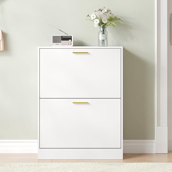 Shoe Cabinet with 2 Flip Drawers, White Shoe Cabinet Storage for Entryway, Modern Shoe Organizer Wood, Freestanding Small Thin Shoe Racks with Doors, White-NeatNest