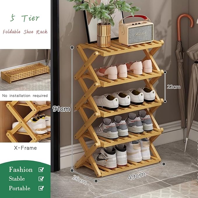 5 Tier Bamboo Shoe Rack,Portable Folding Shoe Storage Rack,Without Installation Small Shoe Rack Perfect for Corridors, Bedrooms and Small Spaces (5 Tier)-NeatNest