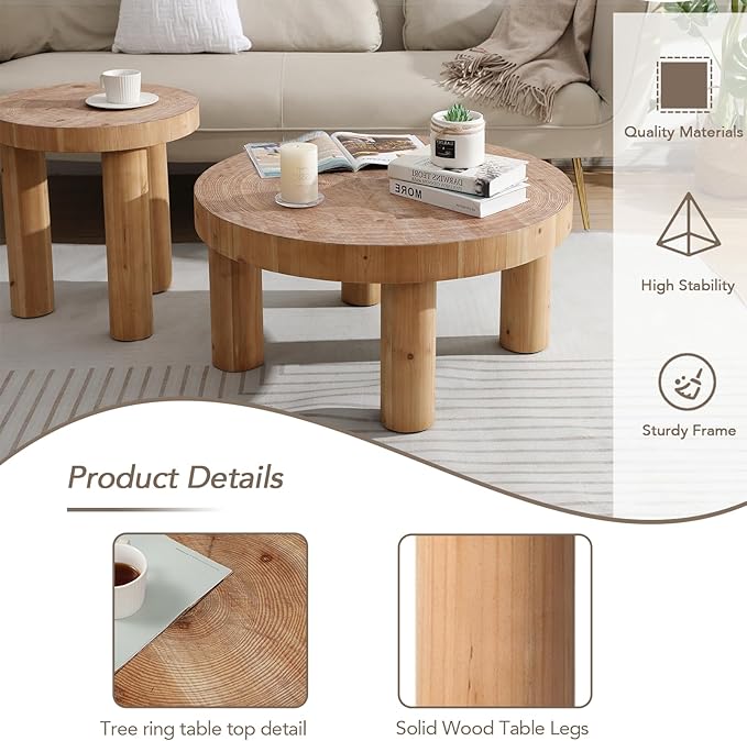 RUSTOWN 2-Piece Round Farmhouse Coffee Table, Rustic Coffee Table Sets, Circle Wooden Ring Finish with Solid Wood Legs, Center Tables Set for Living Room (Natural)