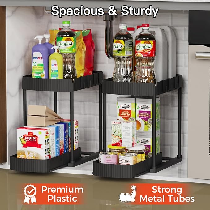 2 Pack Multi-Purpose Pull-Out Storage Organizers, Under Sink Organizers and Storage for Bathroom & Kitchen, Under Cabinet Organizers and storage, 14.8 Inch, Black-NeatNest