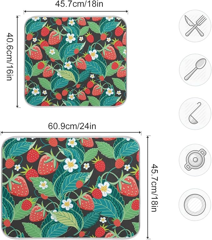 Absorbent Dish Drying Mat for Kitchen Counter - Strawberry Leaves Microfiber Drying Pad, Reversible Drainer Mats for Countertop, Large 18" x 24"