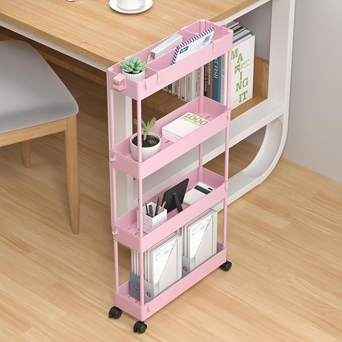 SPACELEAD Slim Storage Cart 4 Tier,Bathroom Organizer Rolling Utility,Mobile Shelving Unit Slide Out for Office, Kitchen, Laundry Room & Narrow Places,Pink-NeatNest