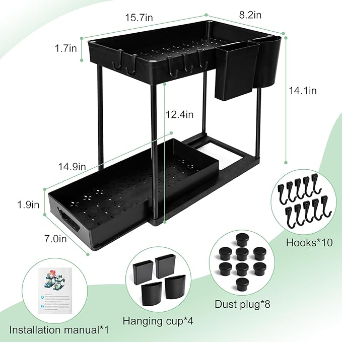Under Sink Organizers Rack, 2 Tier Under Kitchen Organizer with Sliding Basket and Hooks, Multi-Purpose Bathroom Cabinet Organizers (Black)-NeatNest