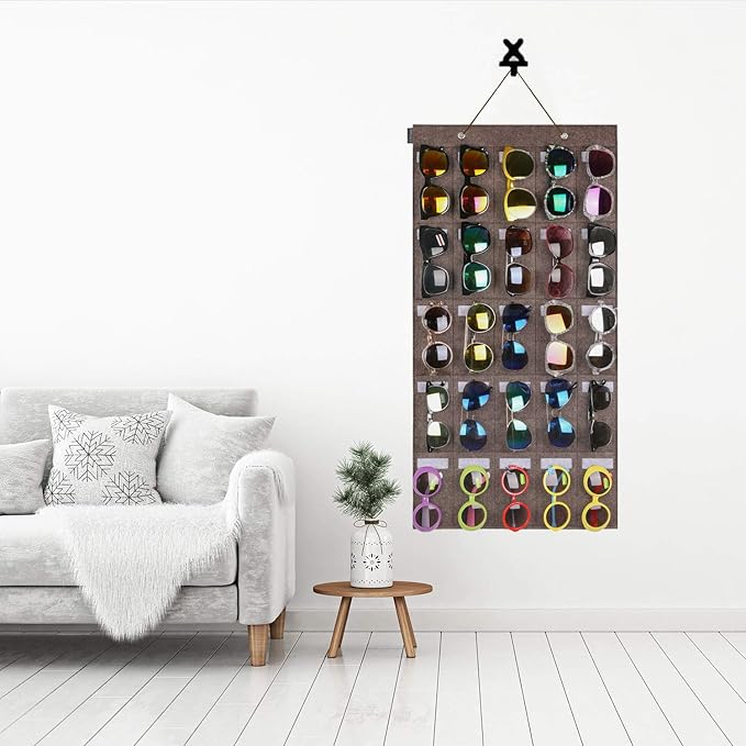 AROUY Sunglasses Organizer - Hanging Wall Pocket with 25 Felt Slots - Sunglass & Eyeglass Display with Sturdy Rope (Dark Gray, Large)-NeatNest