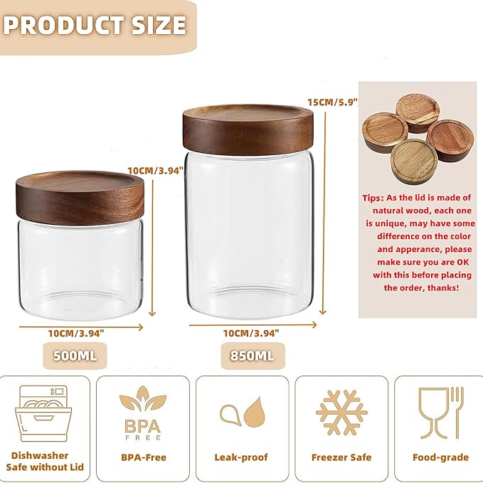 17 Fl oz/500 ml Glass Food Storage Jar, Premium Clear Glass Container Jar with Airtight Wooden Screw Lid, Kitchen Canisters for Coffee,Tea,Pasta,Cookies, Nuts,Spice,Candy,Overnight Oatmeal(Small)